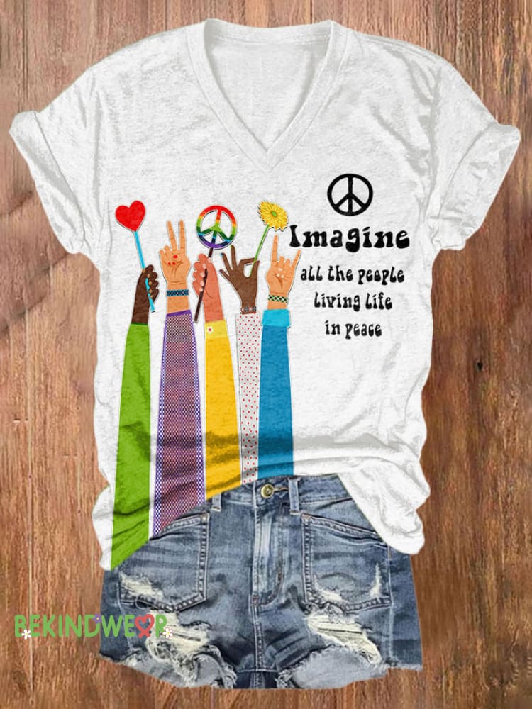 V-neck Retro Hippie Imagine All The People Living Life In Peace Print Shirt White / S