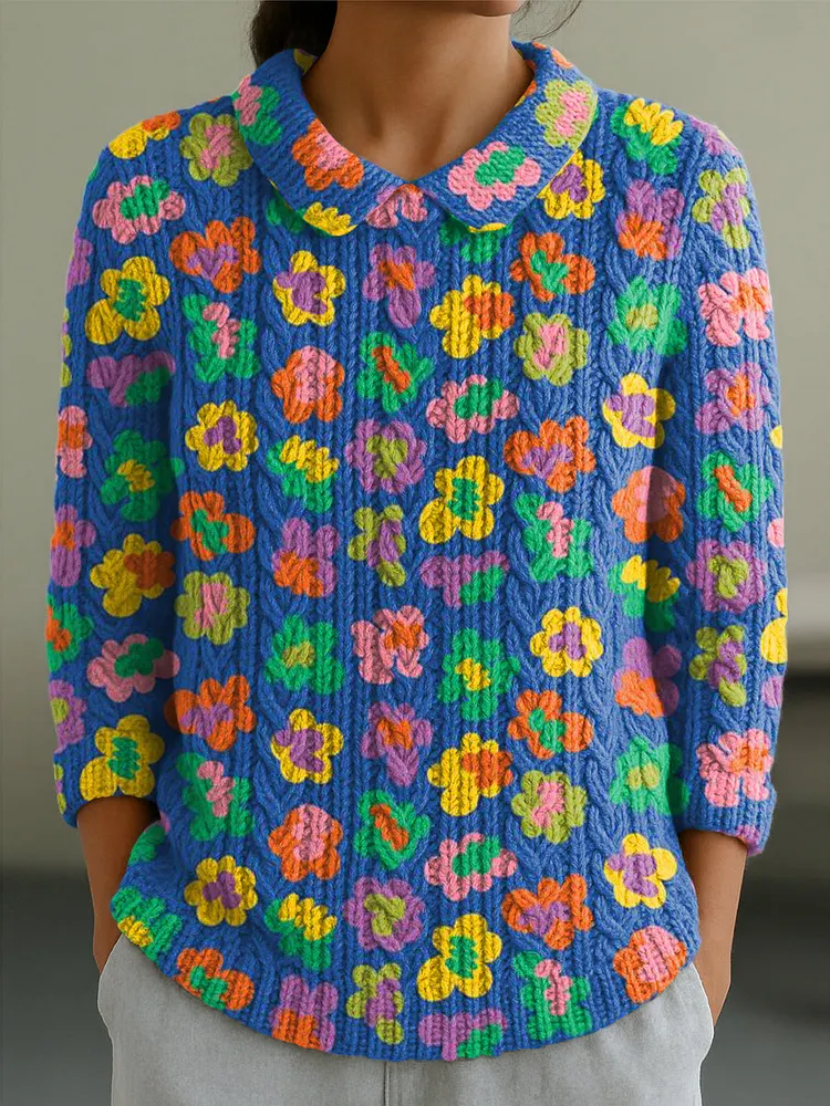 Women's Colorful Flowers Painting Art Print Casual Peter Pan Collar 3/4 Sleeve Sweater