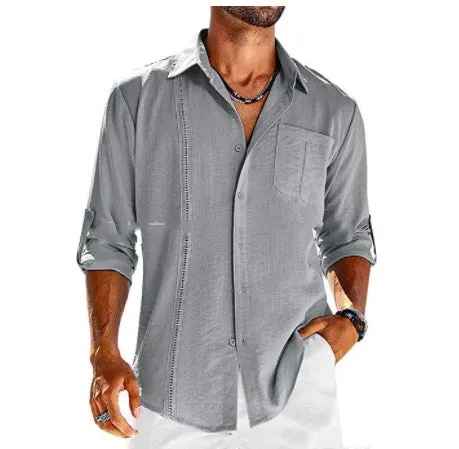 Casual  Long Sleeve Shirt With Pocket Lace Polo Collar Solid Color Button Mens Clothing
