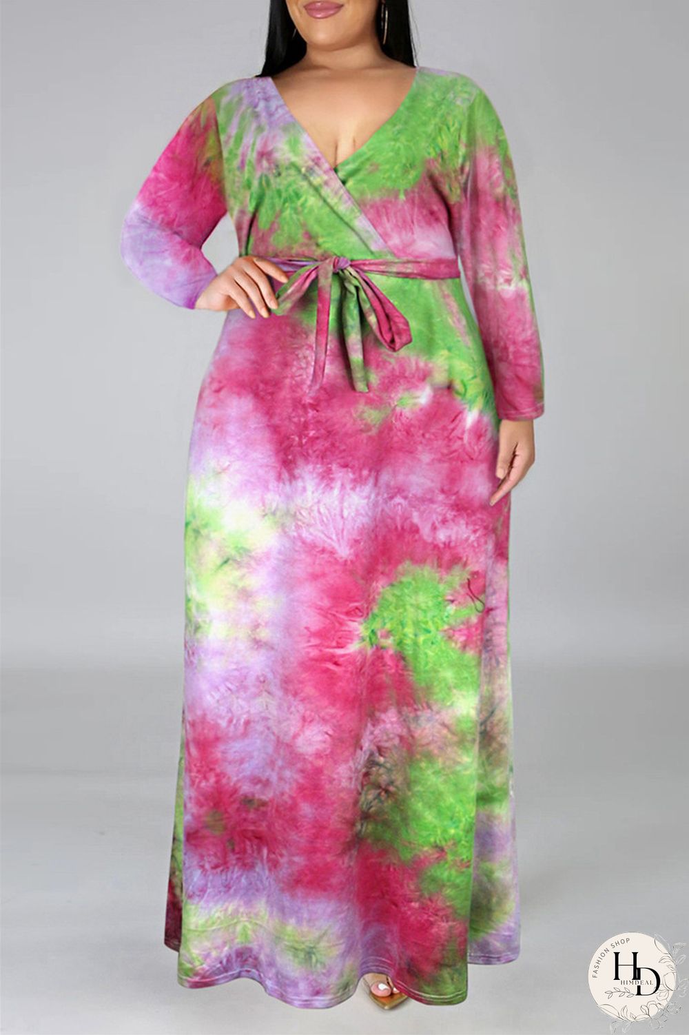 Colour Fashion Casual Print Tie-dye V Neck Long Sleeve Plus Size Dress