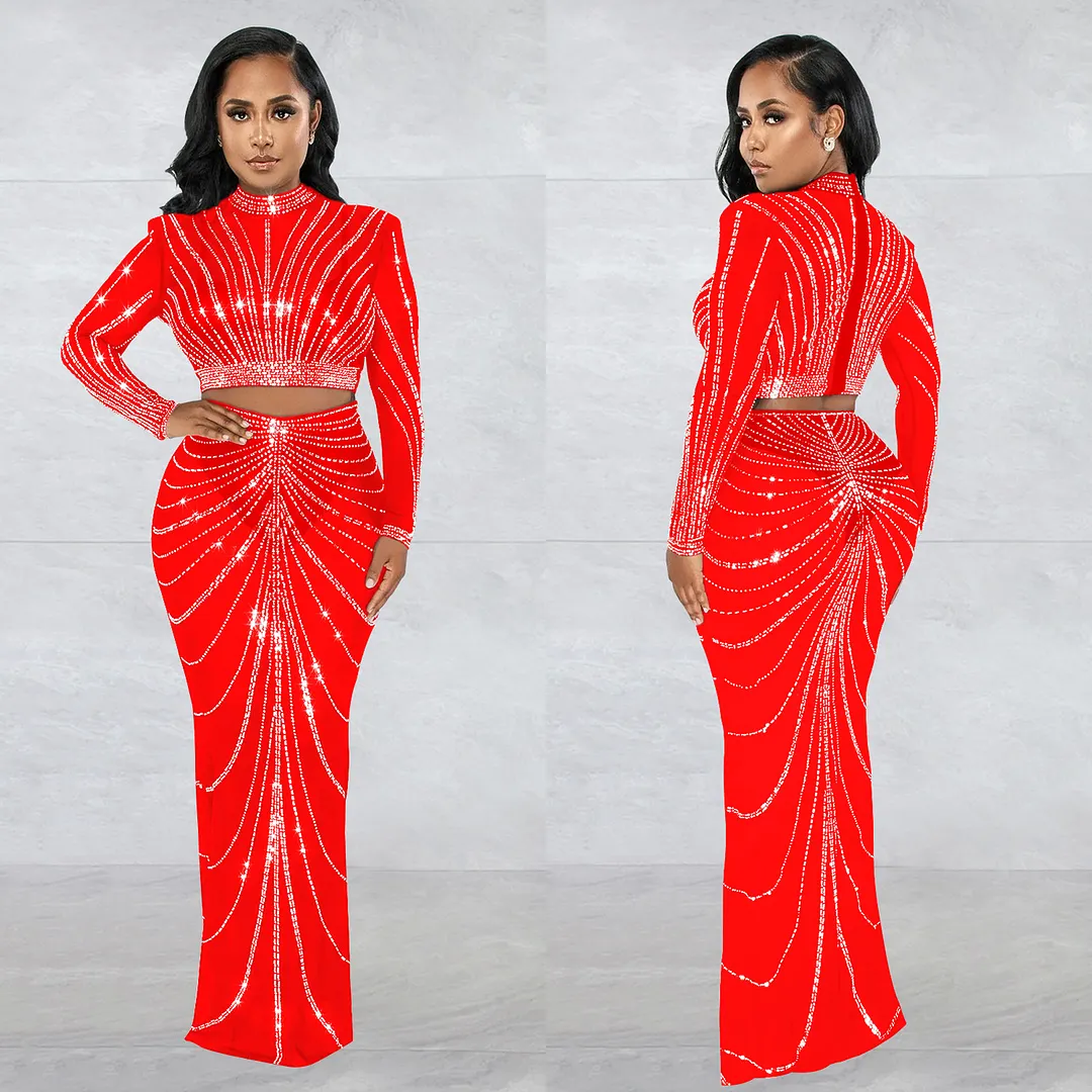 Churchf Churchf Fashion Women's Mesh Hot Drill Perspective Long-Sleeve Dress Two-Piece Set