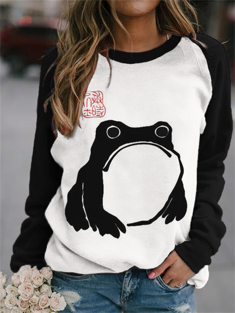 Frog Japanese Art Contrast Color Sweatshirt