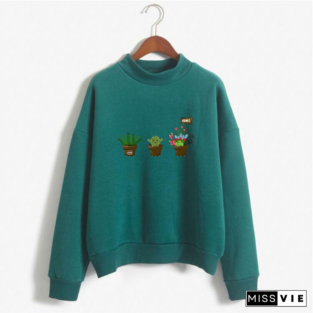 Women's Fashion Print Short Casual Pullover Loose Middle Collar Sweater