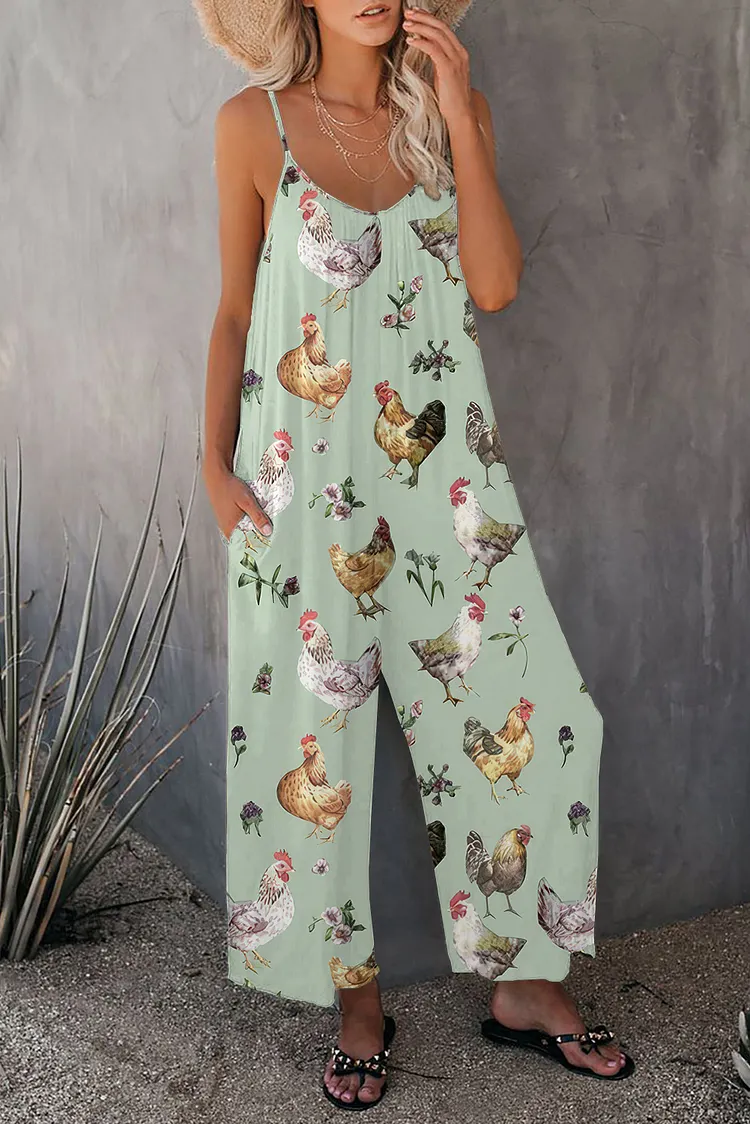 Farm Chicken And Floral Pattern Loose Sleeveless Strap Stretchy Jumpsuit With Pockets