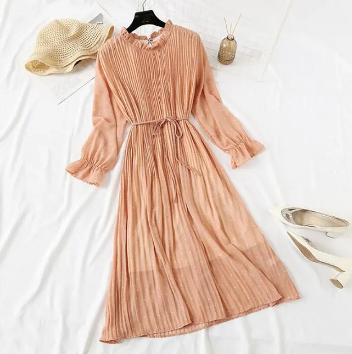 Polka Dot Print Women Chiffon Pleated Dress Sweet Flare Sleeve Party Dresses Casual Loose Lady Office Midi Dress Vestidos Mujer
