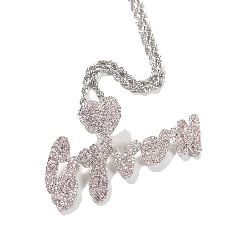Iced Heart Design Text Letter Pendants Hip Hop Bling Bling Necklaces (Max up to 8 letters)