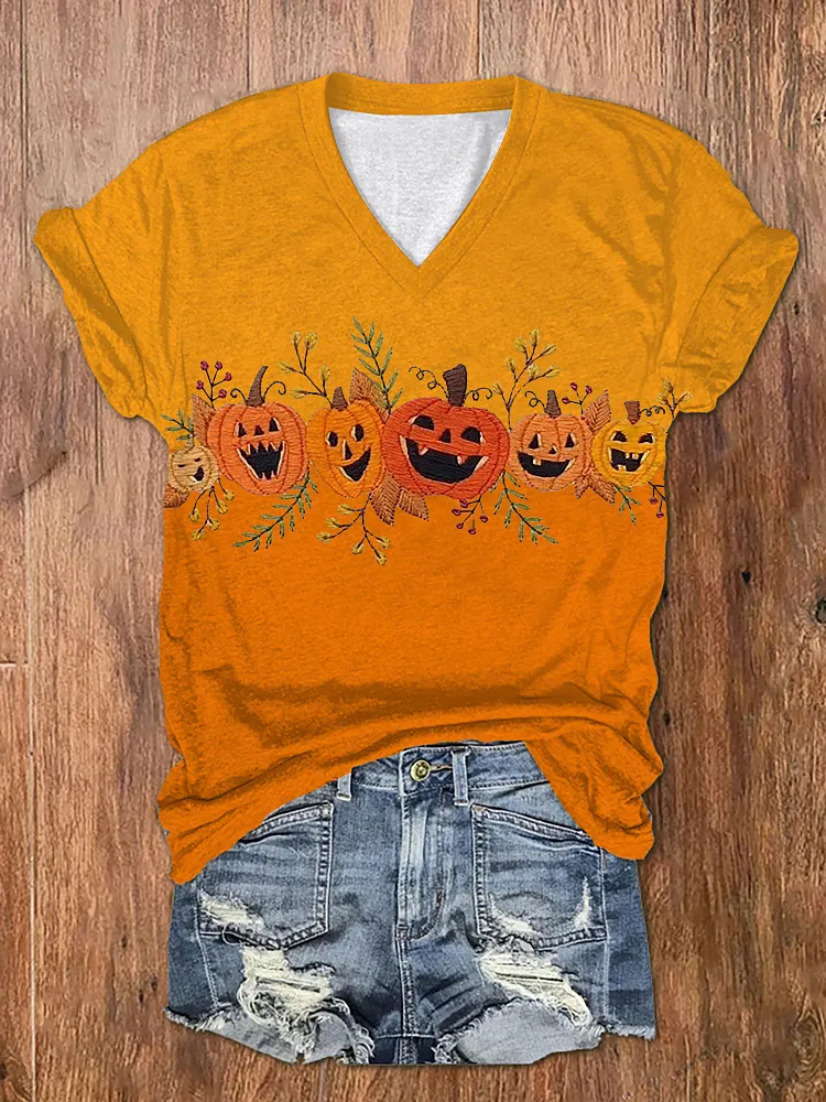 Women's Halloween Pumpkin Print V-Neck T-Shirt 