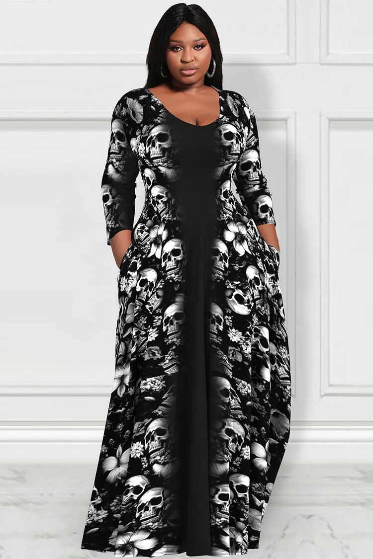 Xpluswear Design Plus Size Halloween Black Horror Skull Floral Print Pockets Long Sleeve Maxi Dresses 2024 - Xpluswear
