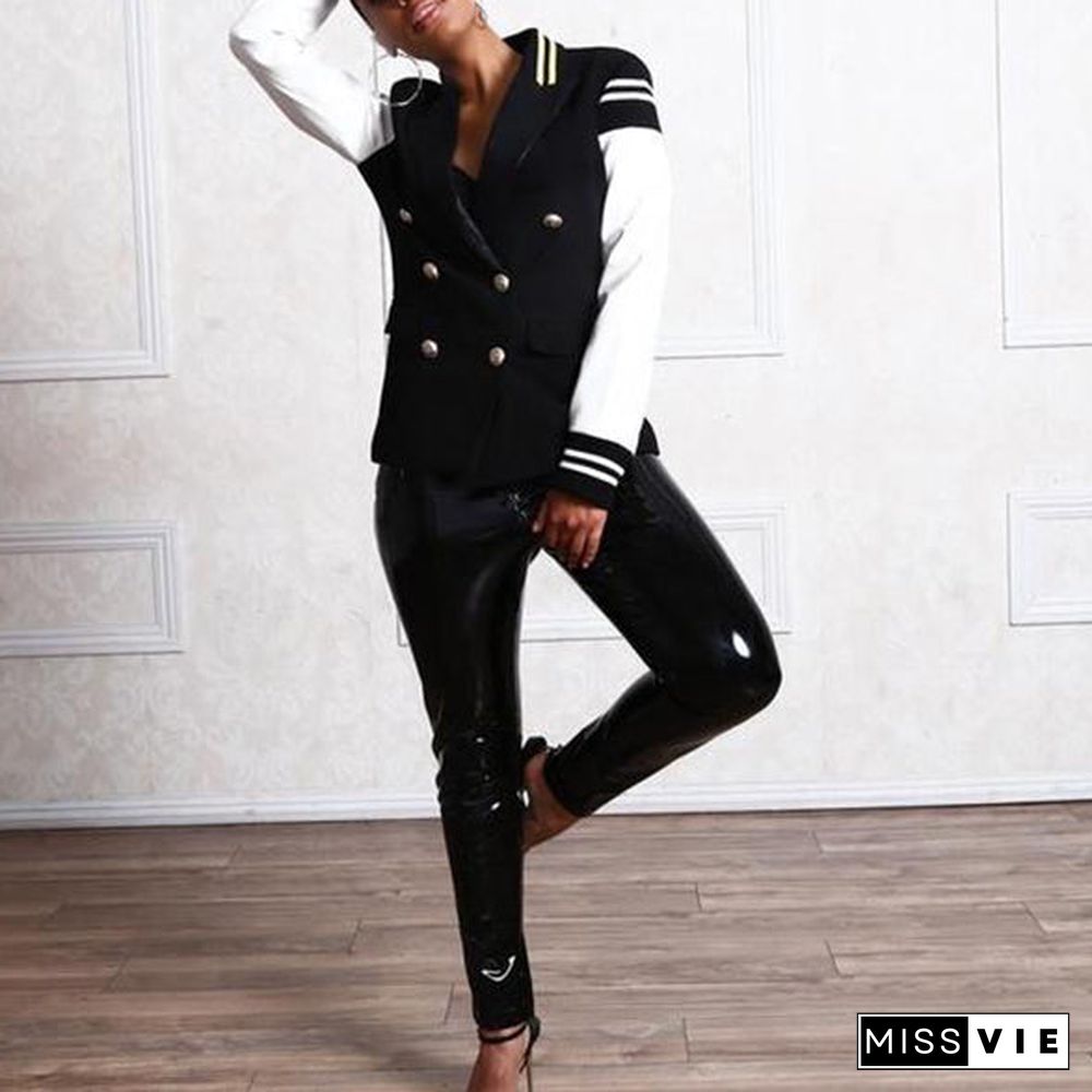 Naval Varsity Stripes Color Block Leather Blazer Jacket