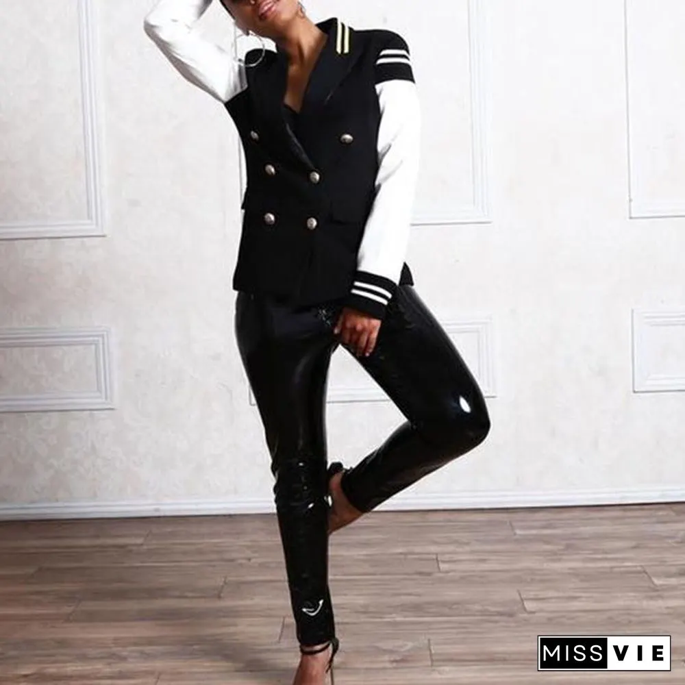 Naval Varsity Stripes Color Block Leather Blazer Jacket