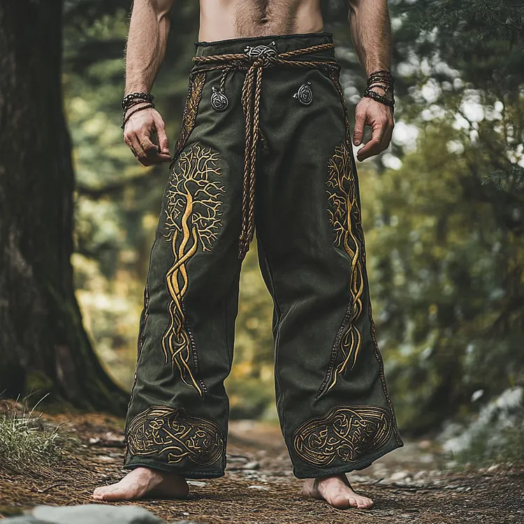 Vintage Viking Life Of Tree Embroidery Art Linen Loose Wide-leg Pants