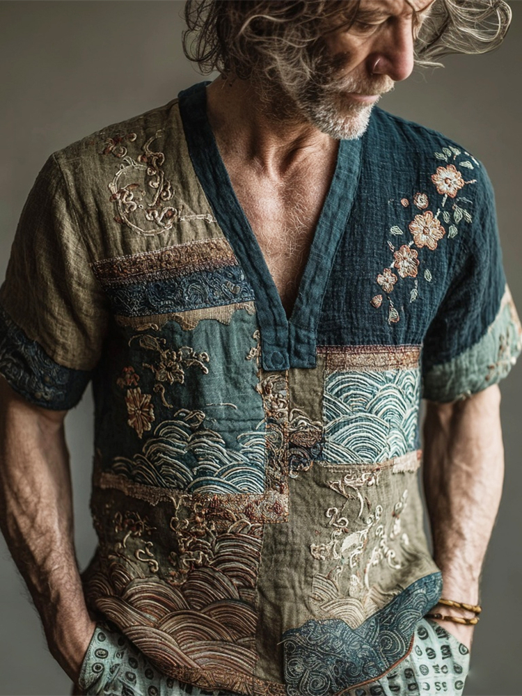 Vintage Sakura Ocean Wave Men's Linen V-neck Shirt