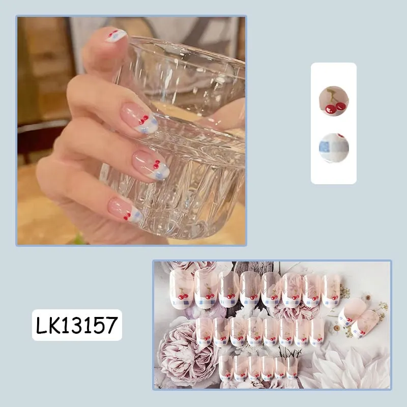 24pcs/box Blue Dye With Sequins Decorated press on nail tips Frosted Square Head Short Wearable Full Cover fake nails with glue-Nail Inspo