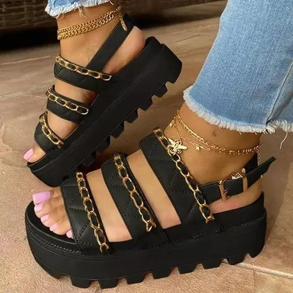 Women Comfotable Fashion Pu Chain Adjusting Buckle Thick Bottom Sandals