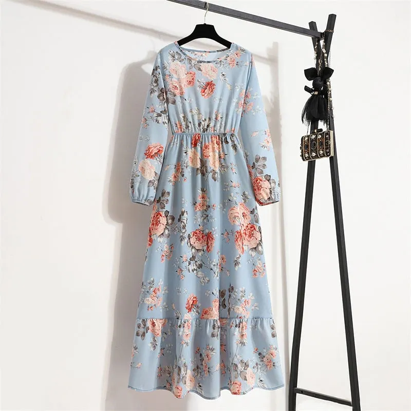Floral Print Long Dress Women Lantern Long Sleeve High Waist Elegant Party Dress Ladies Casual Spring Summer Beach Maxi Dress