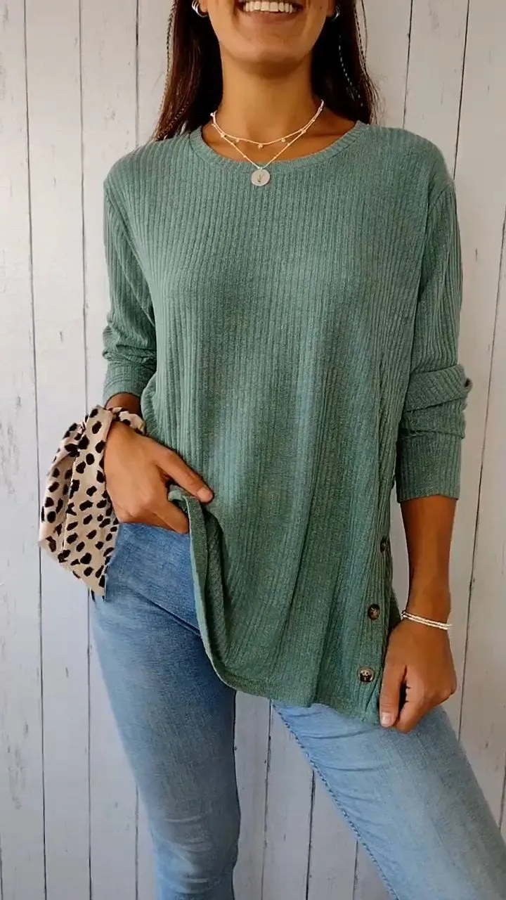 Comfortable Crew Neck Button-down Top