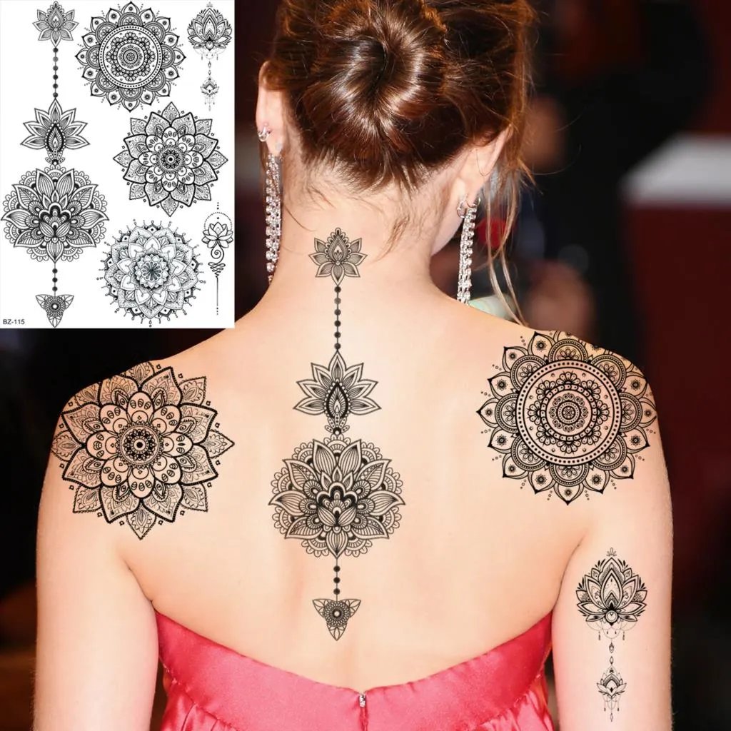 Sdrawing Peony Flower Temporary Tattoos For Women Adults Realistic Compass Moon Pendant Fake Tattoo Sticker Arm Body Tatoos