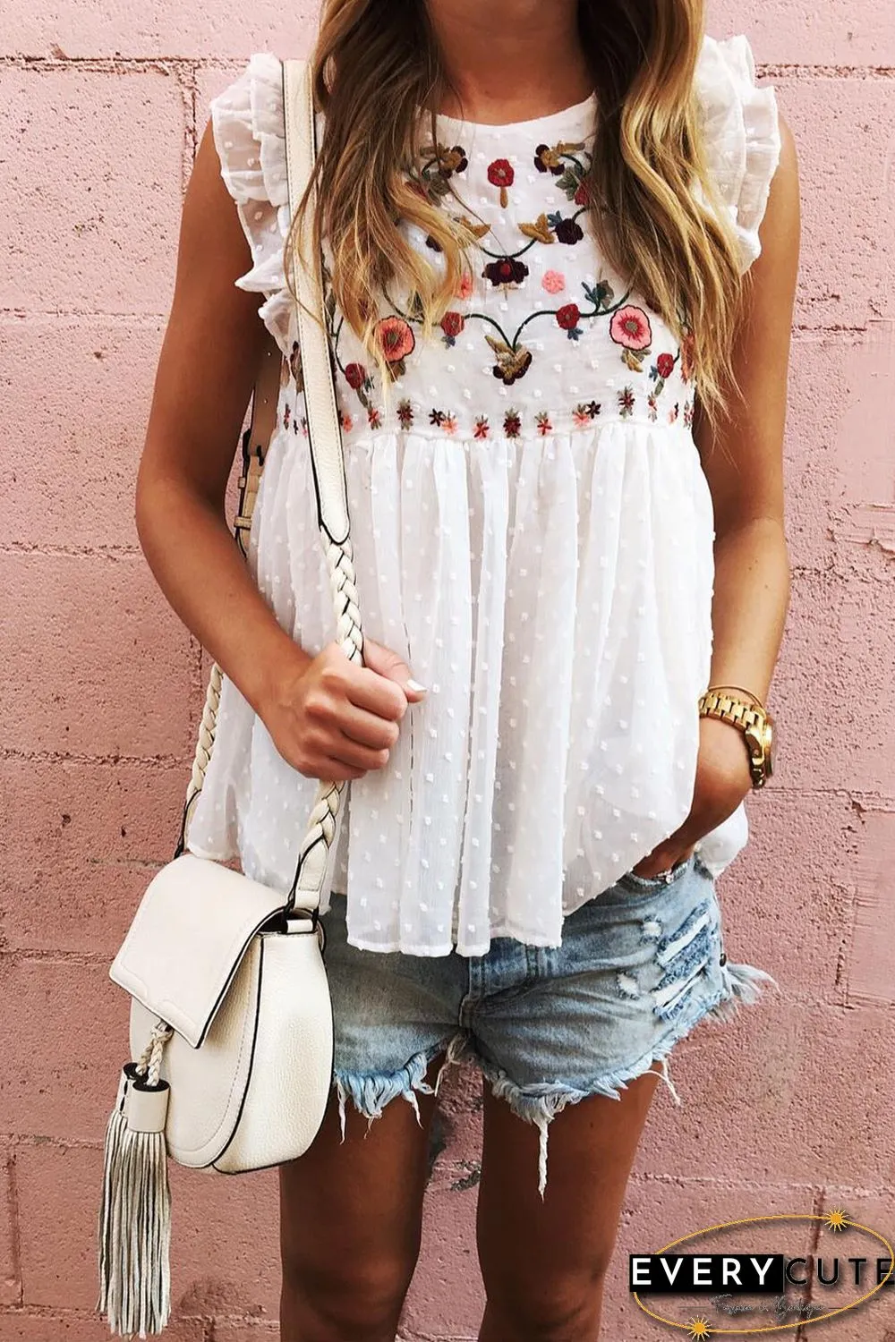 White Floral Embroidered Swiss Dot Ruffled Tank Top