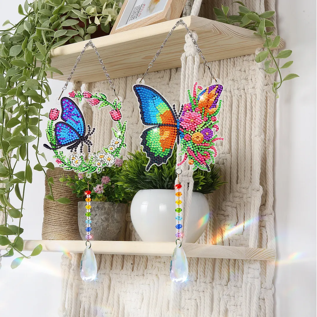 2Pcs Wreath Butterfly DIY Double-Sided Diamond Painting Hanging Kits Diamond Painting Suncatcher Craft Kit for Home Garden Wall Decor Gift