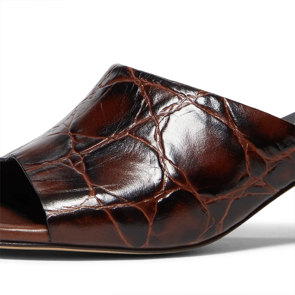 Brown Embossed Round Toe Wide Strap Mid Flared Heeled Mules