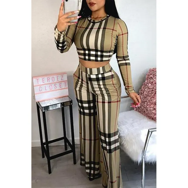 Women Plaid Long Sleeve Crop Top & Short Skirt 2 Piece Set Long Sleeve T-shirt Personality Plaid Printed Casual Two-Piece Suit