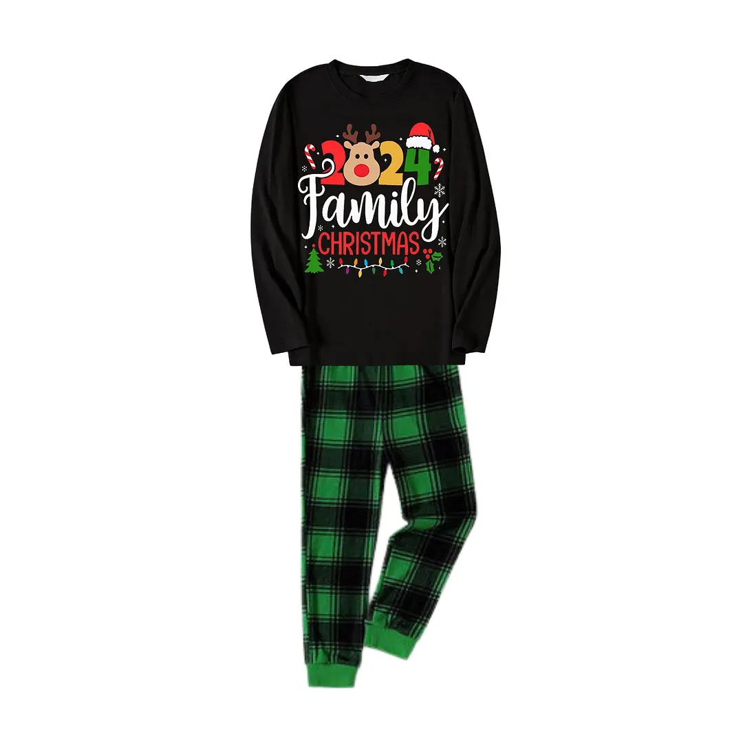 Cute Deer and "Family Christmas 2024" Print Black and Green Plaid Family Matching Pajamas