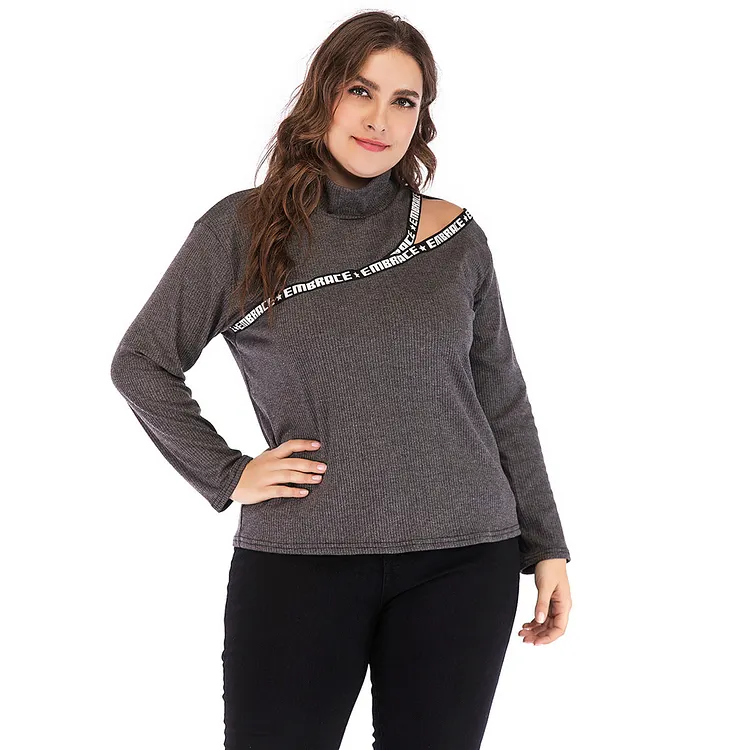 Women Plus Size Blouses Stand-Collar Hollow-out Stitching Long Sleeve Slim-Fit Top