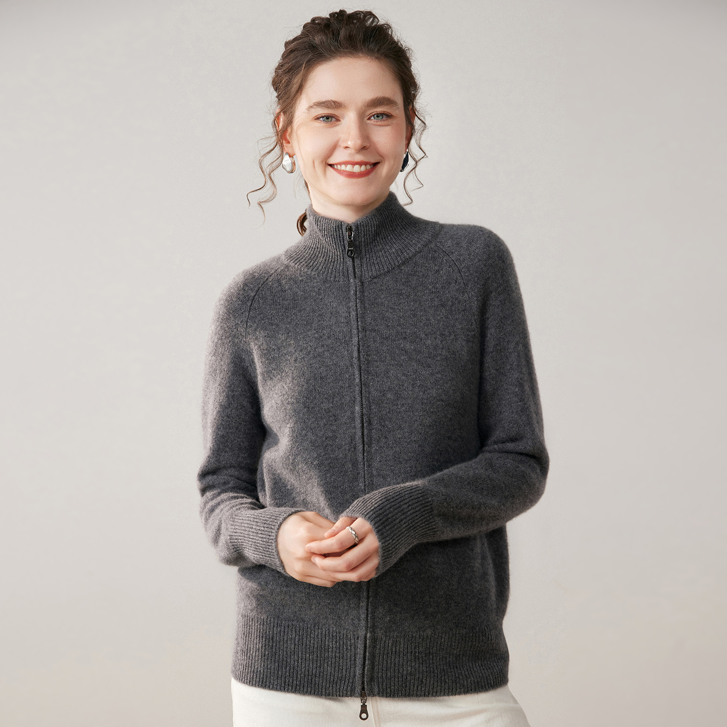 Women's Turtleneck Zip-Front Cashmere Cardigan REAL SILK LIFE
