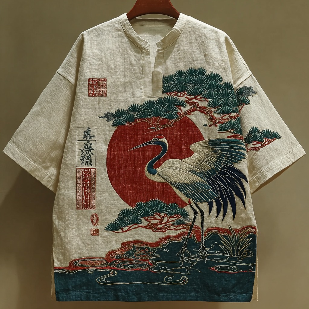Japanese Pine And Crane Embroidered V-neck Linen Shirt
