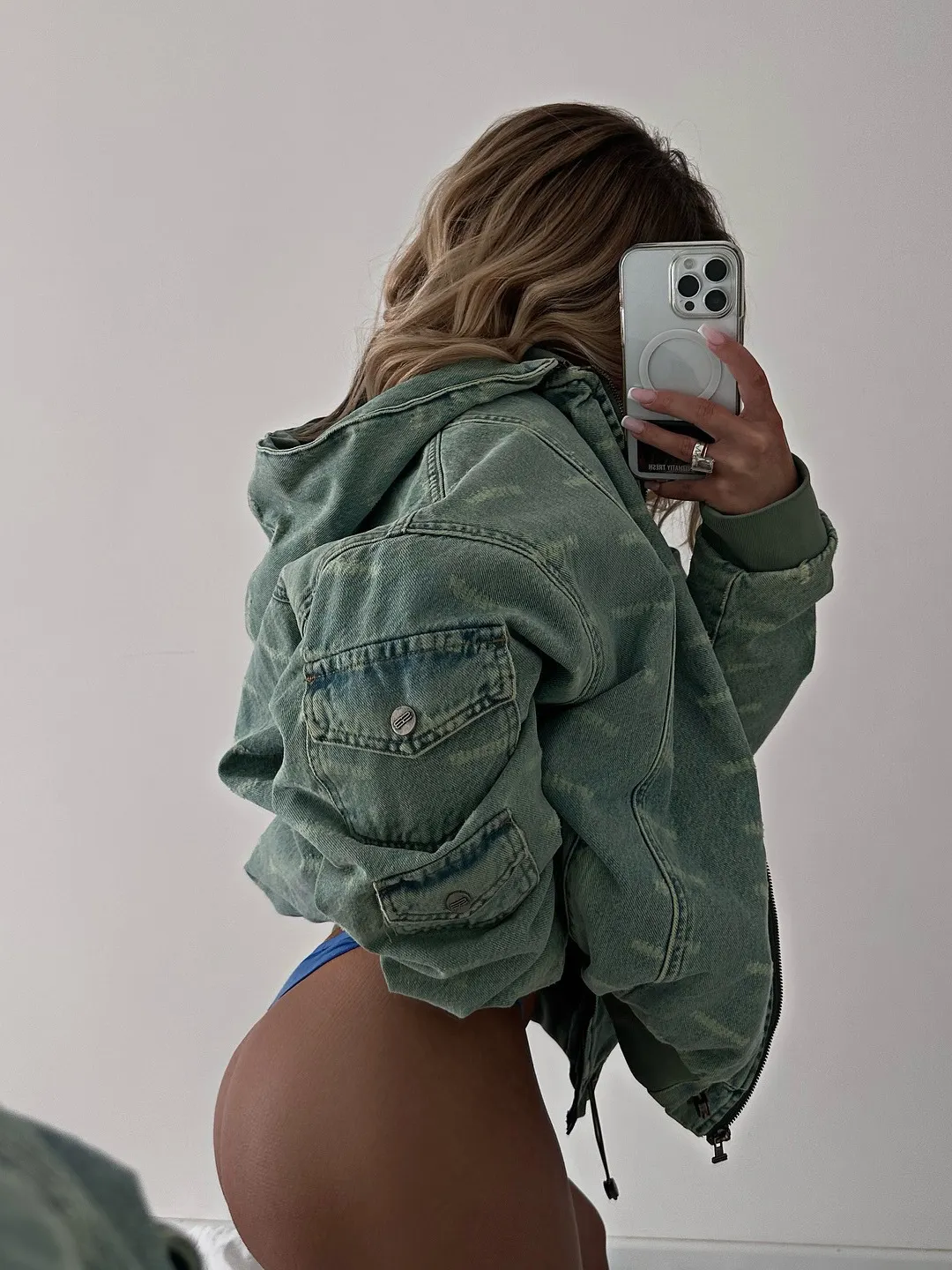 Athvotar Athvotar Retro Green Wear Denim Hooded Cotton Clothes Women Multi-Pocket Workwear Style Loose Version Of Autumn And Winter Fashion