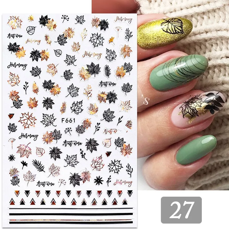1PC Gold Black iridescent 3D Nail Sticker Tropical Plants Leaves Tree Transfer Decals For Nails Summer Nail Art Decorati