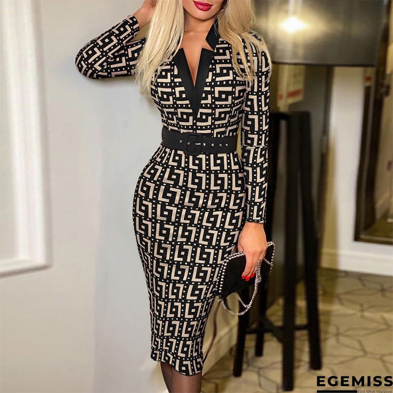 Black Casual Print Patchwork Oblique Collar Long Sleeve Dresses | EGEMISS