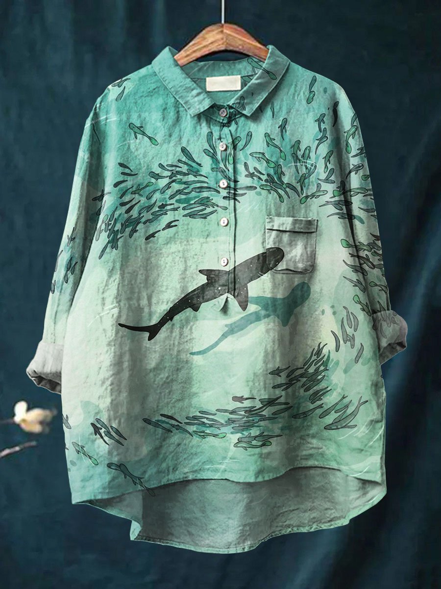 Women's Marine life Whales Ocean Art Print Casual Cotton And Linen Shirt