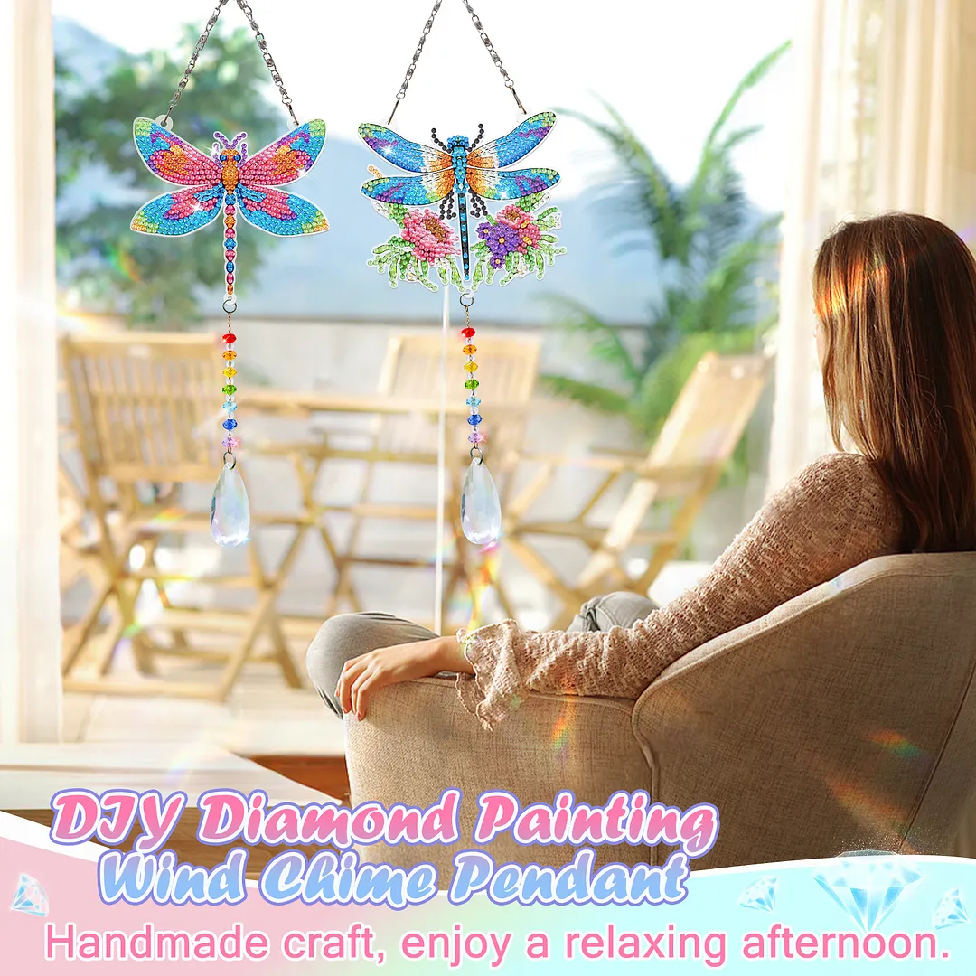 2Pcs Dragonfly DIY Acrylic Diamond Painting Art Wind Chimes with Crystal Pendant Diamond Art Hanging Pendant Double-Sided for Adults Beginners Gift Home Garden Decor