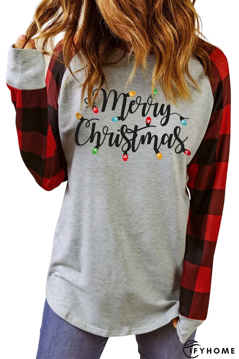 Gray Merry Christmas Plaid Color Block Long Sleeve Sweatshirt | IFYHOME