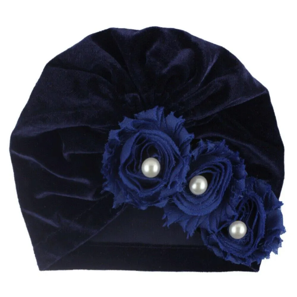 2019 Baby Accessories Newborn Infant Kids Baby Boy Girl Indian Turban Twist Knot Velvet Beanie Hat Pearl Flower Solid Soft Cap