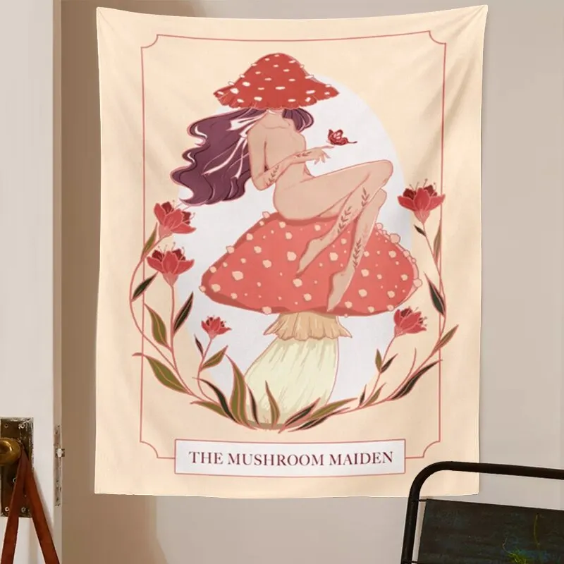 Pink Mushroom girl Tapestry Wall Decor Girls Dorm Room Wall Hanging Aesthetic Room Witchcraft Psychedelic Wall Decoration