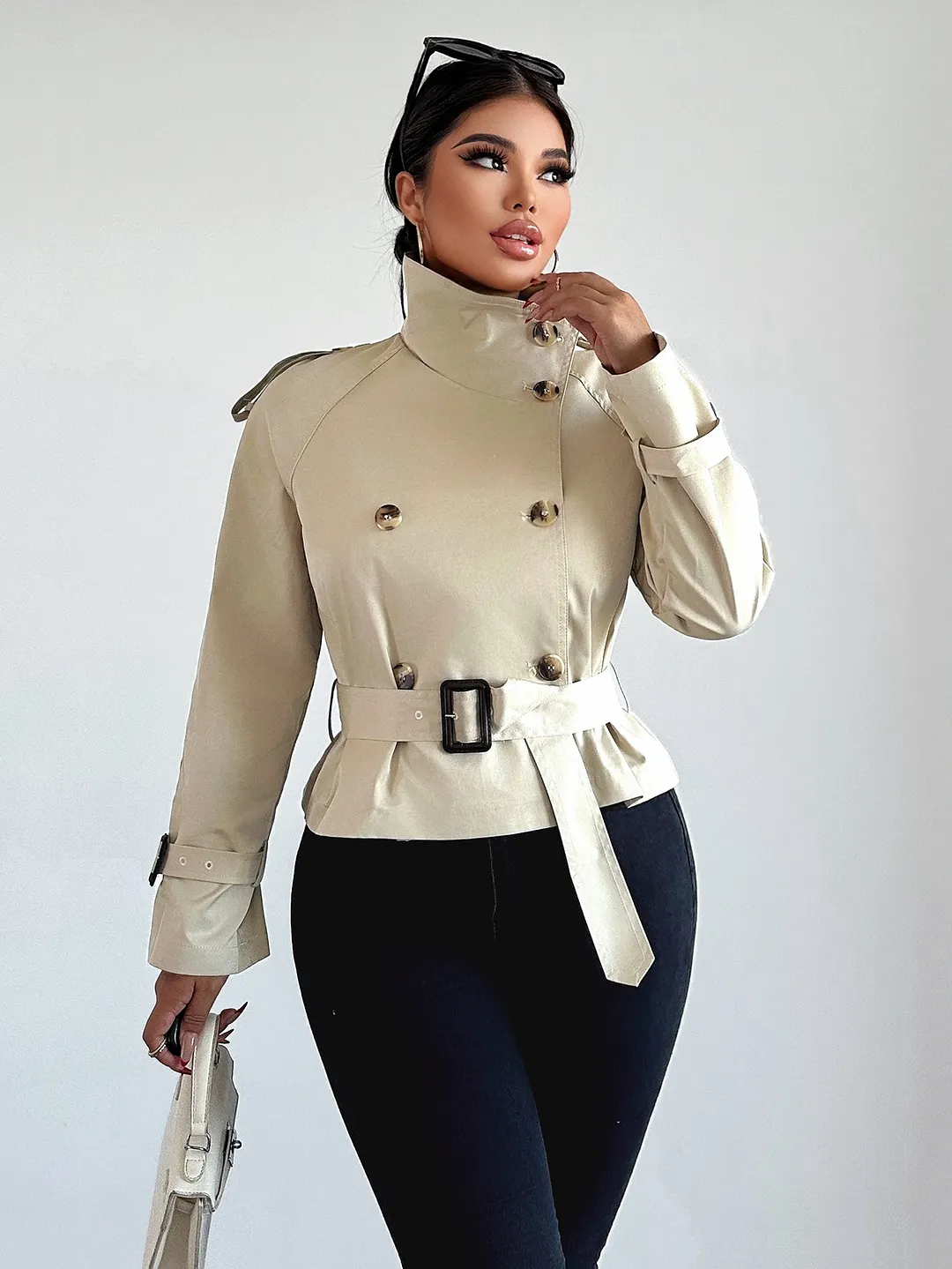 Nigikala Nigikala Women's Clothing 2025 Spring And Autumn Collar With Belt Buckle Dress Short Wind Coat Women A15022