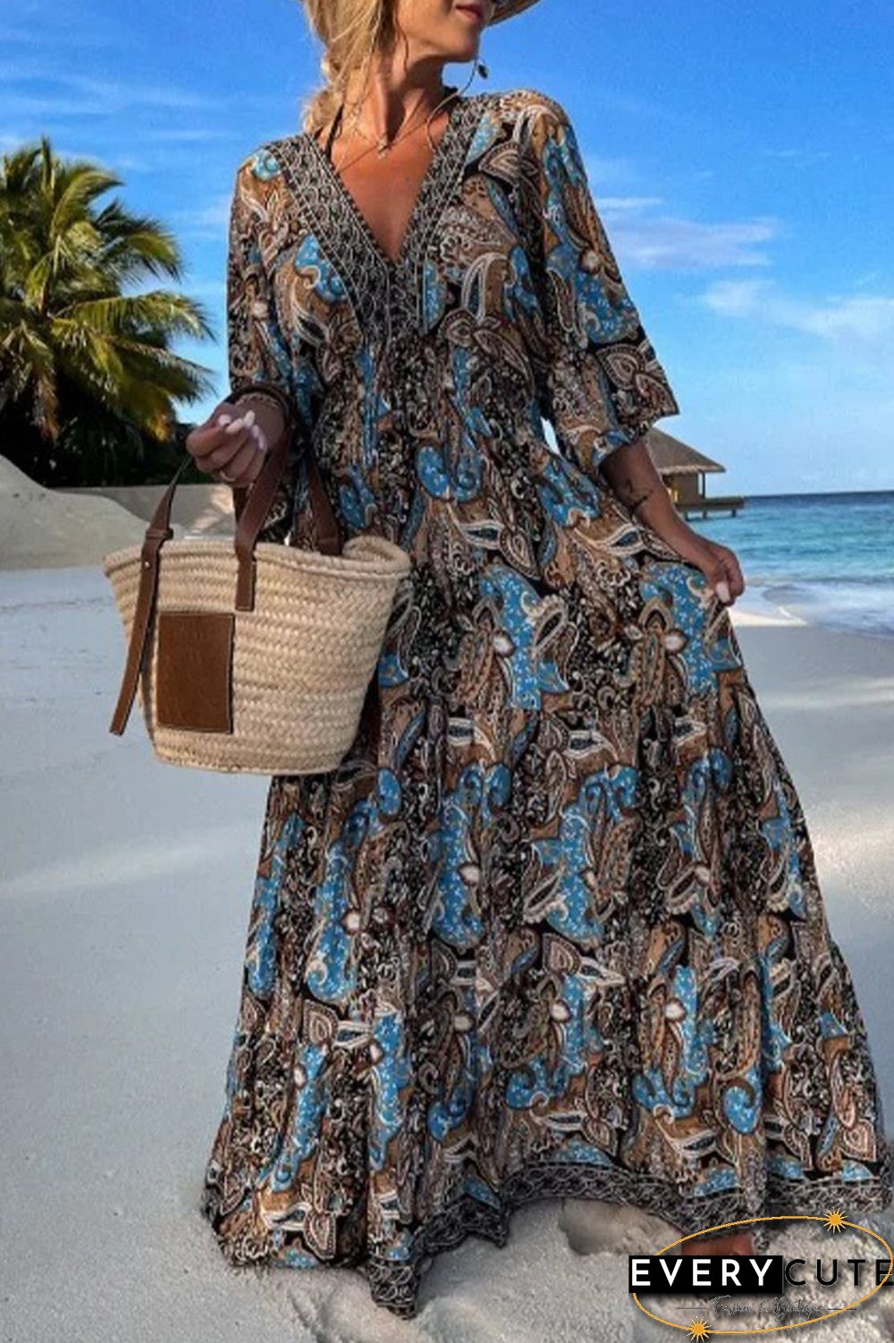Fashion Print Printing V Neck Beach Dresses(3 Colors)