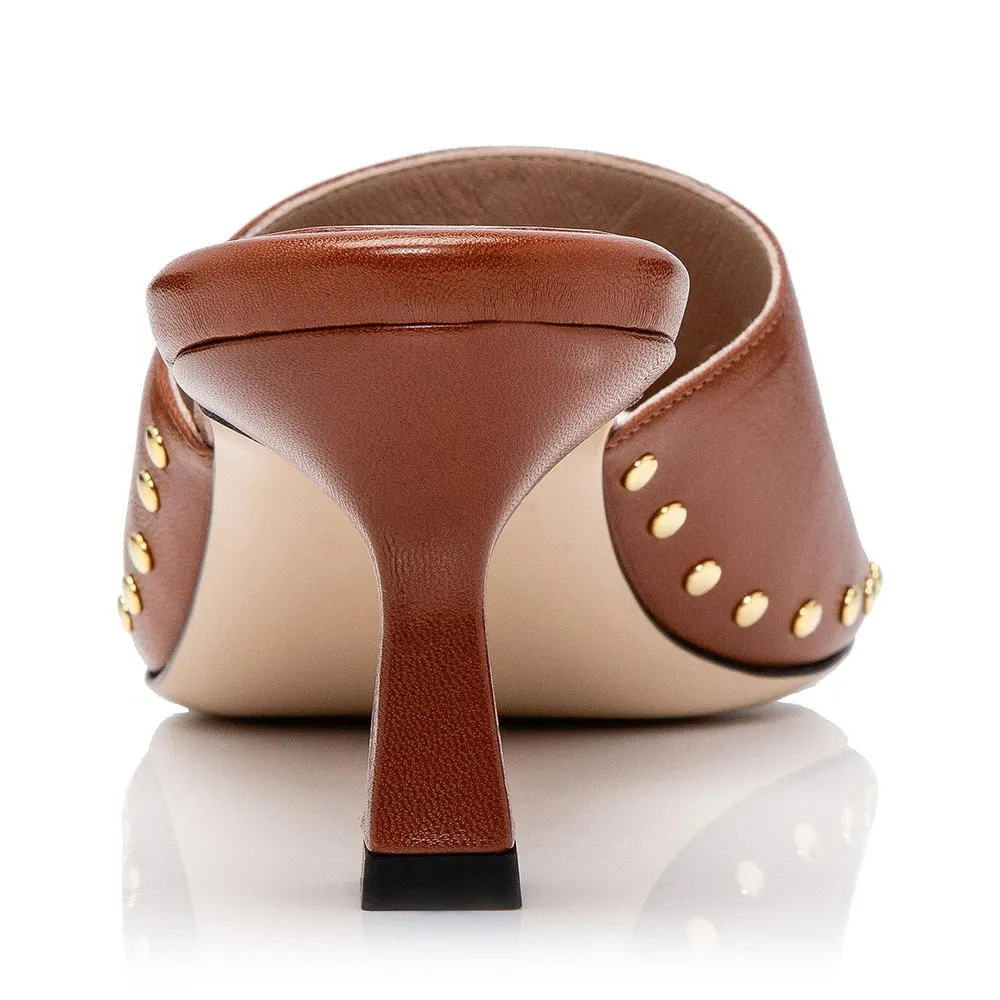 Brown Faux Leather Round Toe Flared Heel Mules for Women with Studded