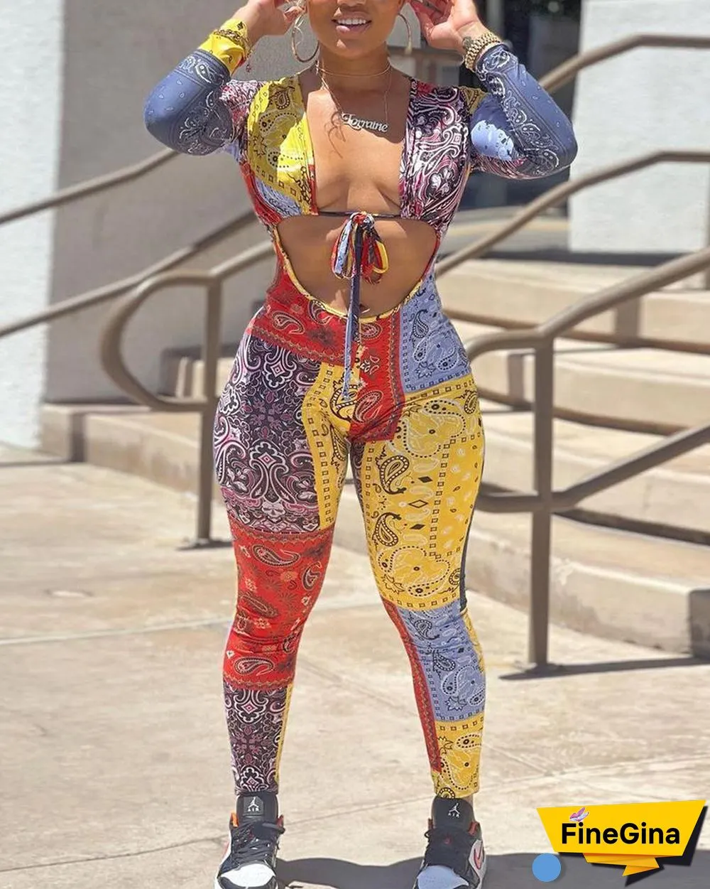 Paisley Print Tie Front Cut-Out Pencil Jumpsuit