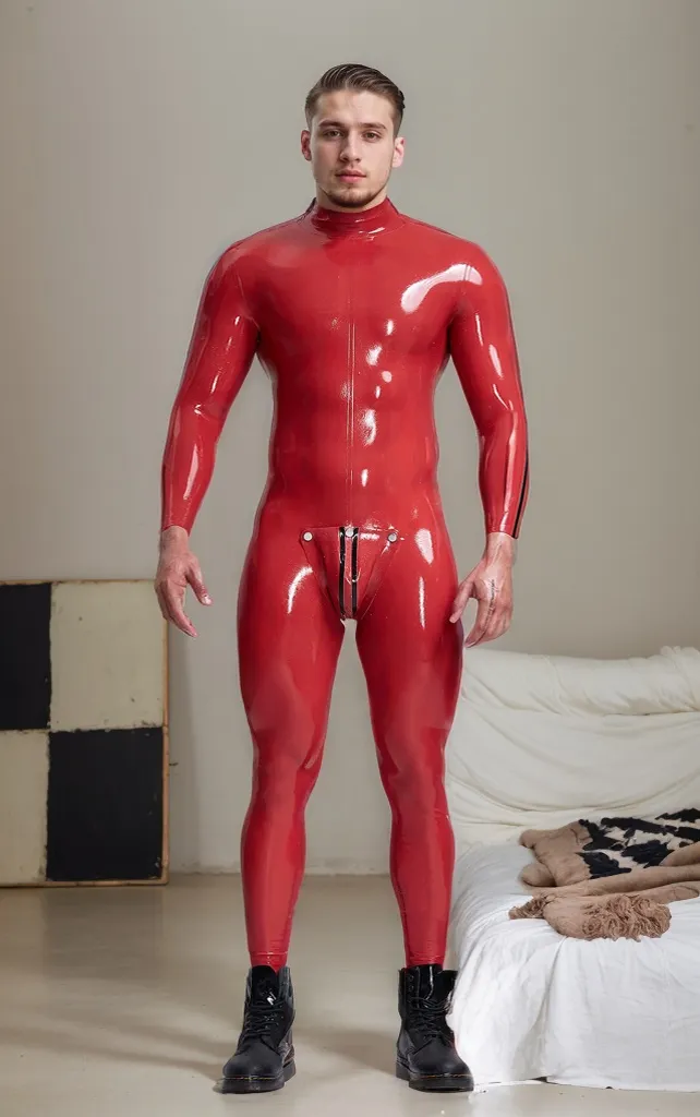 Men Latex Catsuits Double Lines Zipper Red