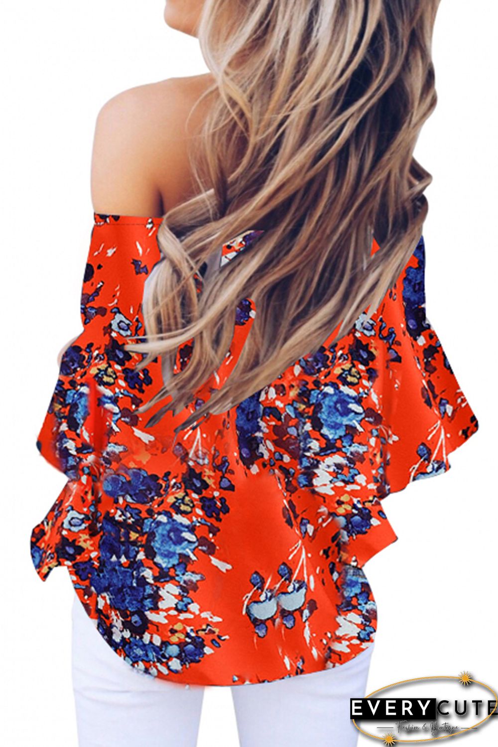 Orange Off Shoulder Floral Tie Front High Low Chiffon Blouse