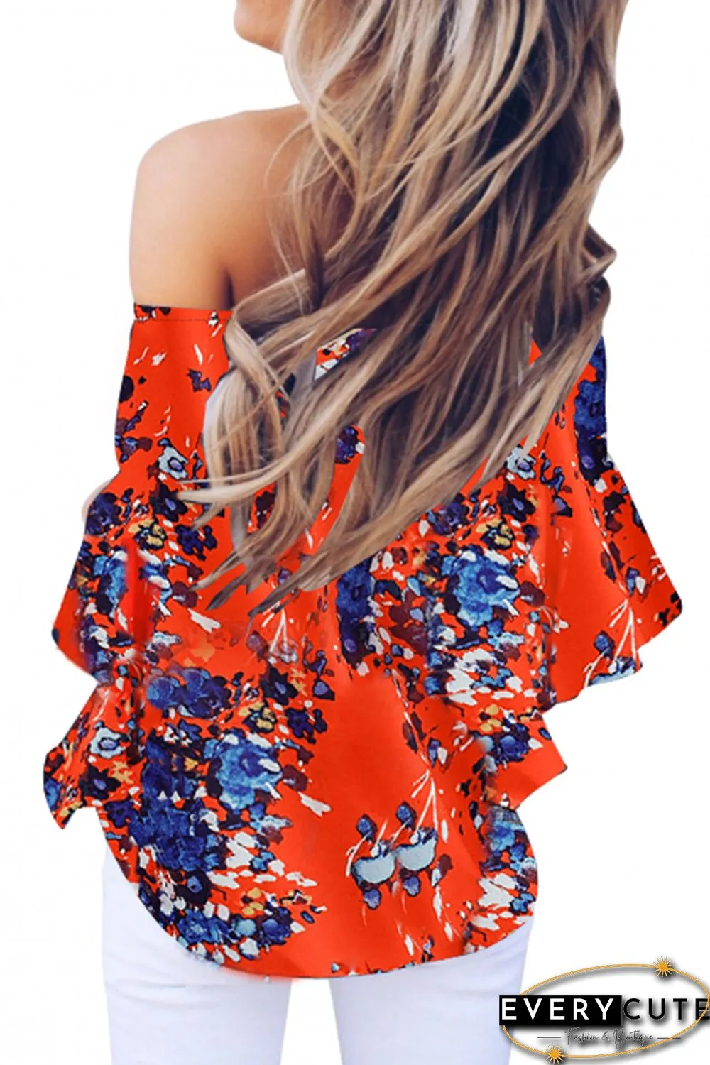 Orange Off Shoulder Floral Tie Front High Low Chiffon Blouse