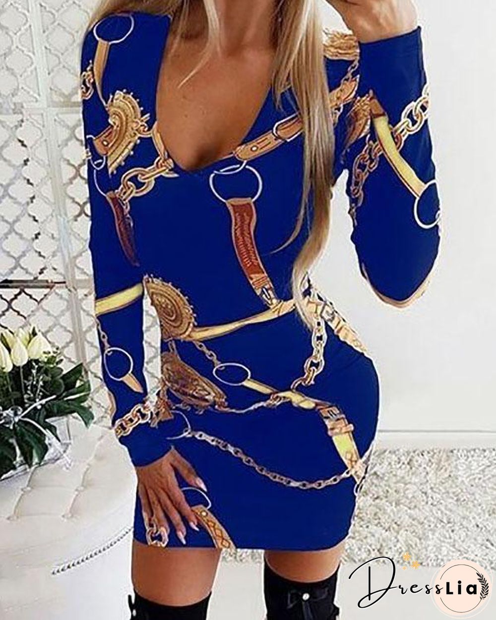 Womens Deep V Neck Dresses Floral Midi Dresses Print Long Sleeve Bodycon Dress