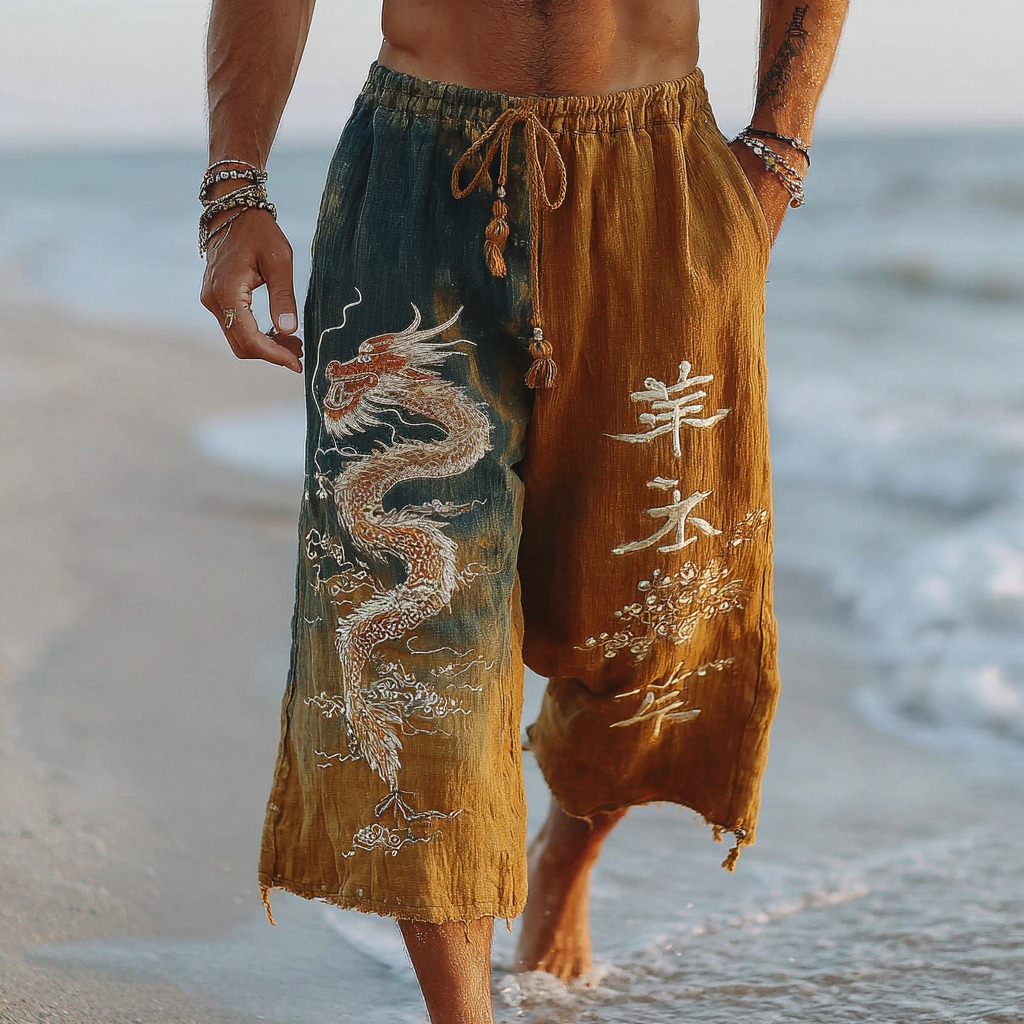Men's Retro Japanese  Casual Pants With Dragon And Calligraphy Prints elevenforest