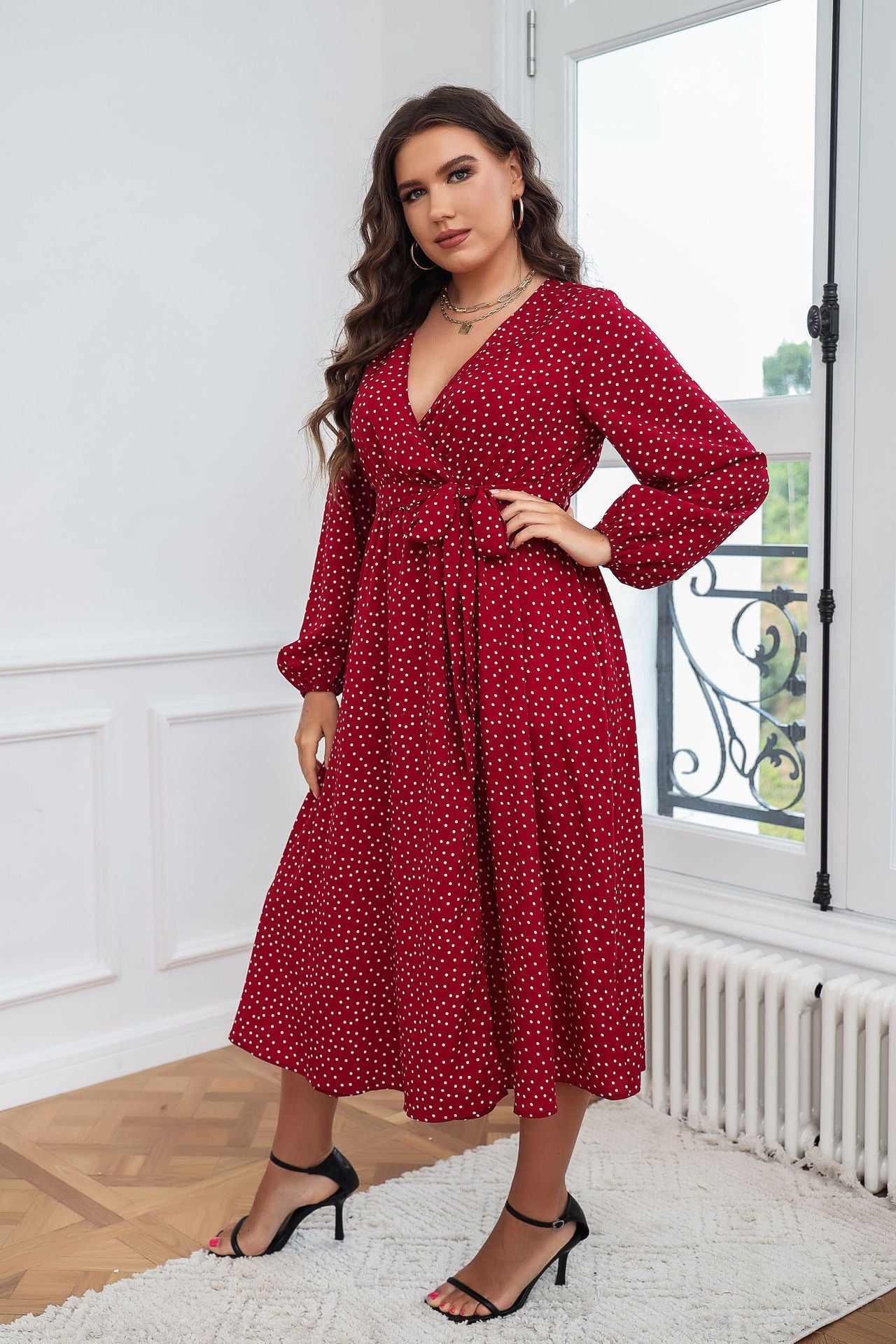 Plus Size Swing Artistic Red Dress &ndash; Cotton Office Polka Dot Long Sleeve Women Clothing