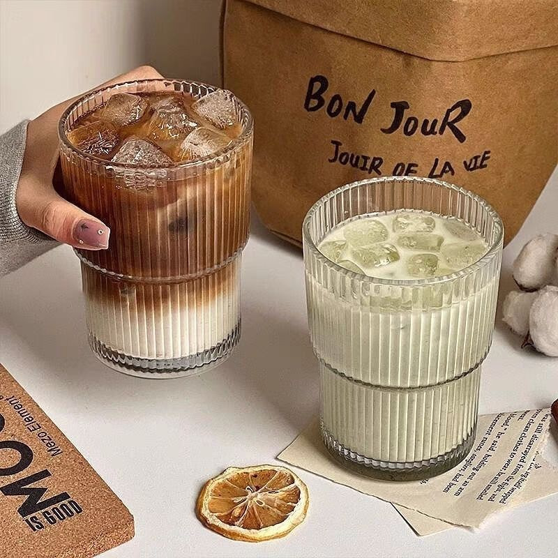 Free Shipping Ins Style Vertical Stripesd Glass Cup High-Looking Cold Drink Coffee Cup Office Home Water Cup with Straw