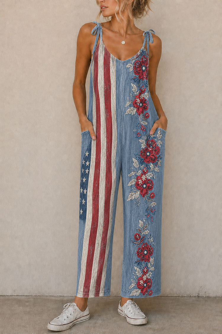 Denim Floral Flag Suspender Jumpsuit