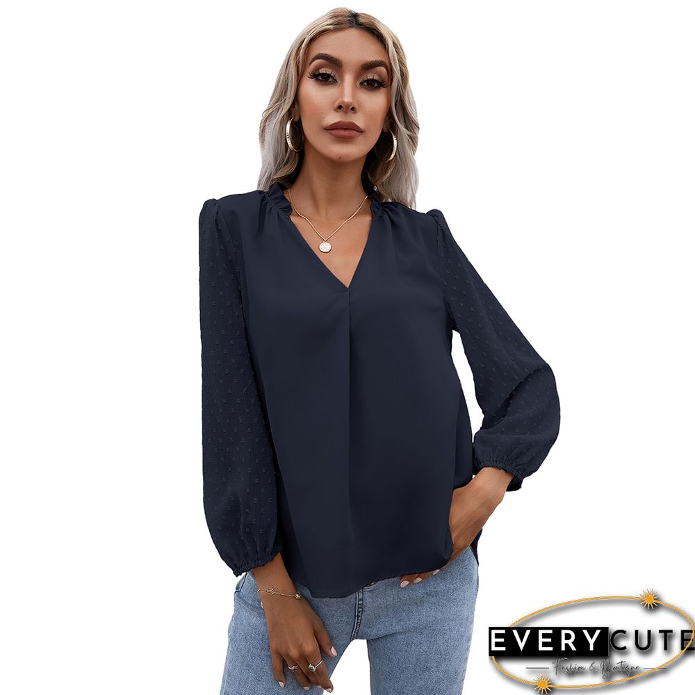 Navy Blue Puff Sleeve V Neck Long Sleeve Blouse